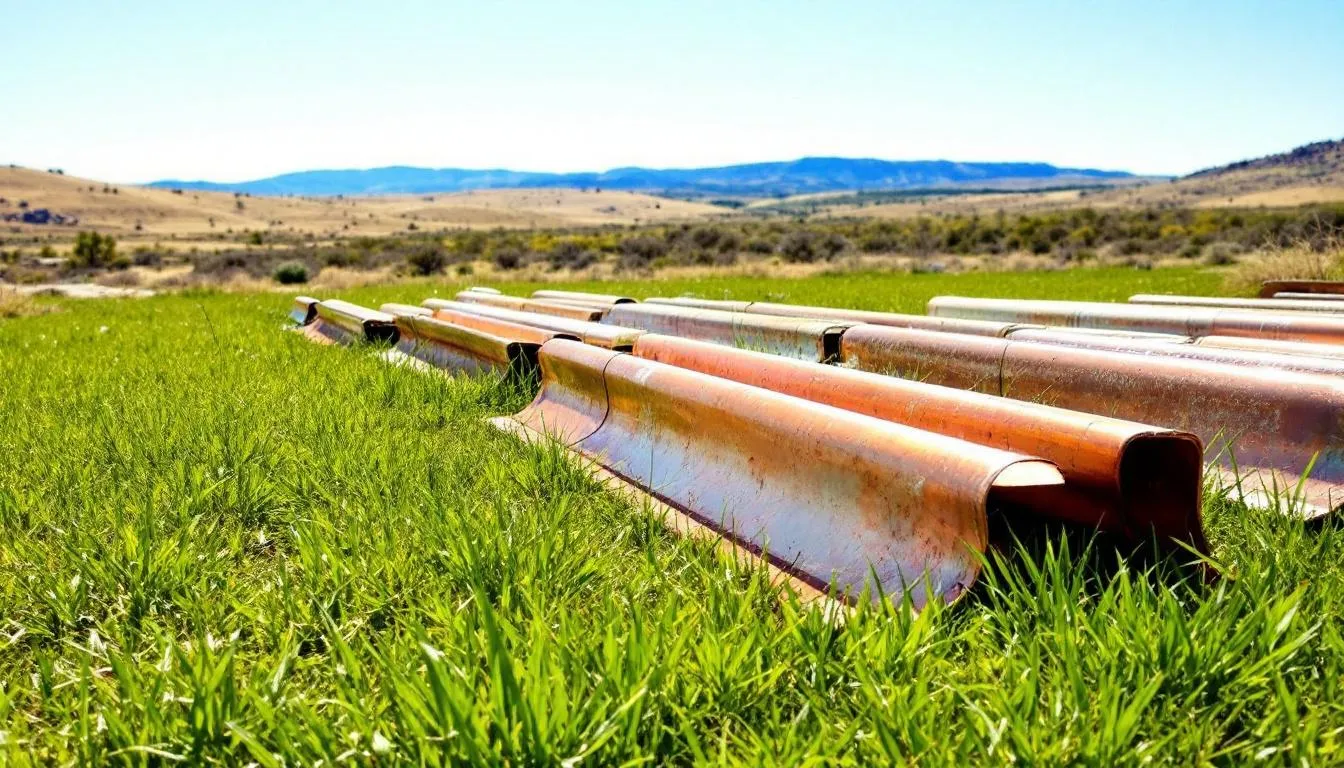 The image shows gleaming copper gutters neatly arranged on lush green grass, with the picturesque backdrop of Pueblo, Colorado, highlighting the importance of choosing the right gutters for effective rainwater management. This scene emphasizes the aesthetic appeal and durability of copper gutters, ideal for homeowners considering gutter installation or replacement services.