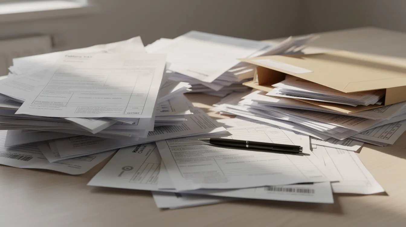 Na biurku znajduje się stos papierowych dokumentów i faktur w nieładzie, co wskazuje na potrzebę wdrożenia systemu elektronicznego obiegu dokumentów, aby zminimalizować ryzyko błędów i zwiększyć efektywność zarządzania dokumentami w firmie.
