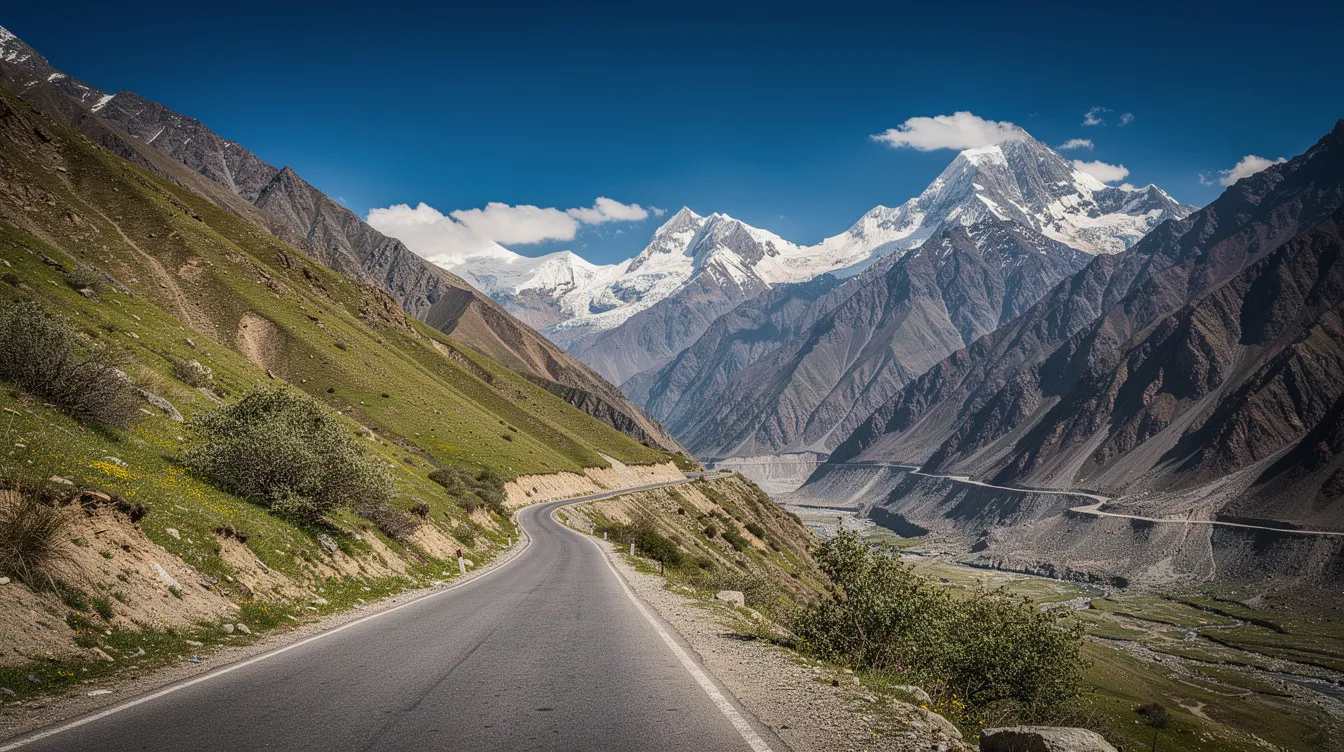 Die dramatische Berglandschaft in Ladakh zeigt eine schmale Straße, die sich zwischen saftig grünen Tälern und schneebedeckten Gipfeln schlängelt, während ein weiter blauer Himmel darüber strahlt. Diese beeindruckende Kulisse könnte gut als Hintergrund für eine spannende Filmszene dienen, ähnlich wie in "3 Idiots".
