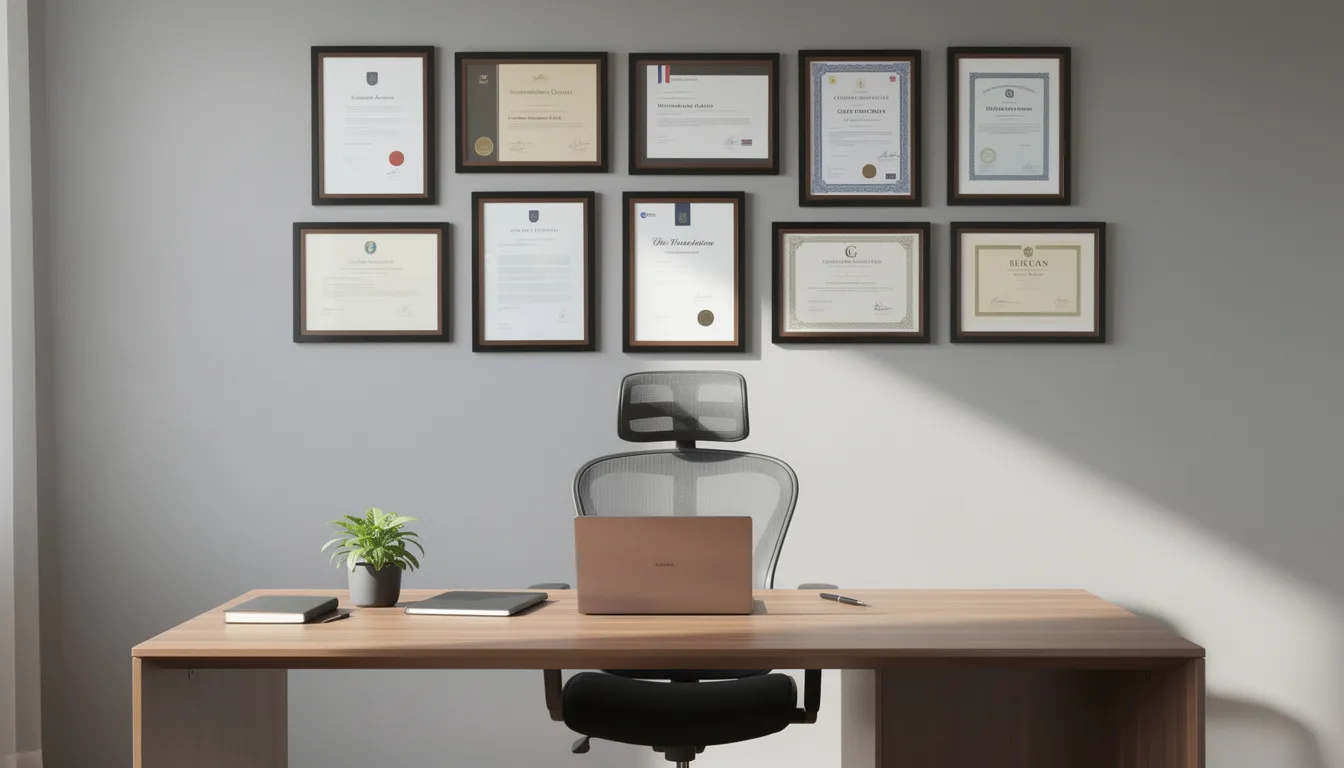 The image depicts a cozy home office featuring a desk with framed certificates and diplomas on the wall, including what appears to be a high school diploma and a college degree, suggesting a focus on education and academic achievements. The presence of these documents hints at the importance of credentials and qualifications in professional settings.