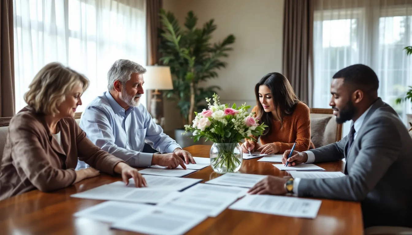 A multi-generational family is gathered around a table, carefully reviewing estate planning documents, which include details about annuities and payments. The atmosphere is focused and respectful, as they discuss the importance of planning for the future and ensuring financial security for their children and loved ones.