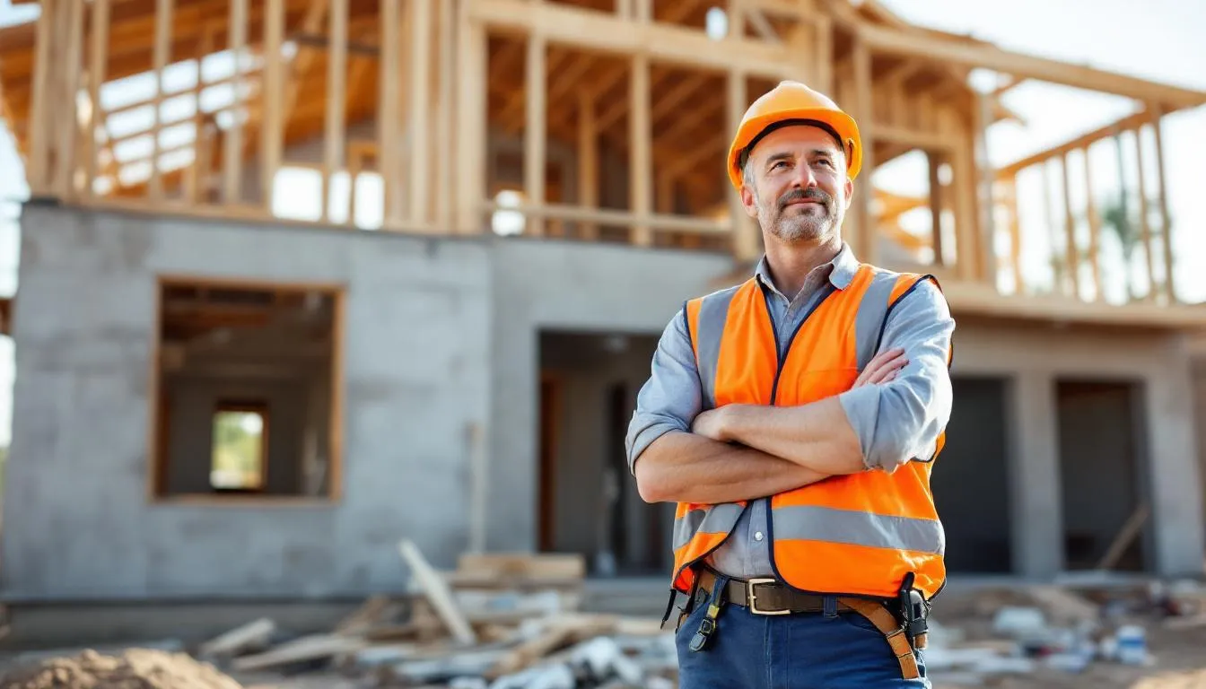 A confident construction contractor stands proudly in front of their partially built home, showcasing the success of their self-build construction project made possible by a self-build construction loan. The image conveys their determination and the exciting journey of becoming an owner builder, navigating the construction process with optimism.