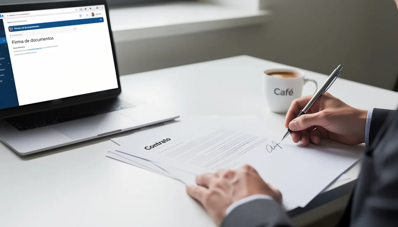 Una persona está firmando documentos en un escritorio, acompañado de una laptop y una taza de café. Este ambiente sugiere un proceso administrativo relacionado con la creación de una empresa en EE. UU., donde emprendedores toman decisiones importantes para su negocio.