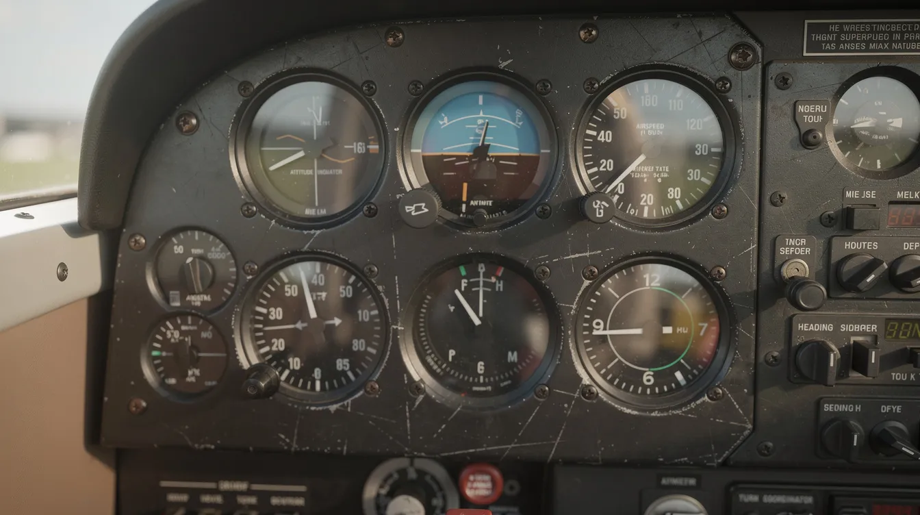 The image features a close-up view of classic six-pack flight instruments in a small single-engine airplane cockpit, showcasing essential navigation equipment suitable for IFR flight. Key instruments include an airspeed indicator, altitude reporting equipment, and a gyroscopic direction indicator, all vital for operating under instrument flight rules.