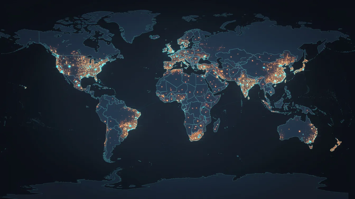 The image depicts a world map illuminated with glowing dots that highlight major cities across Asia, Europe, and Latin America, symbolizing the interconnectedness of financial services and super apps. This visual representation emphasizes how users can access multiple services, such as digital payments and mobile banking, through a unified platform, enhancing convenience in their daily lives.