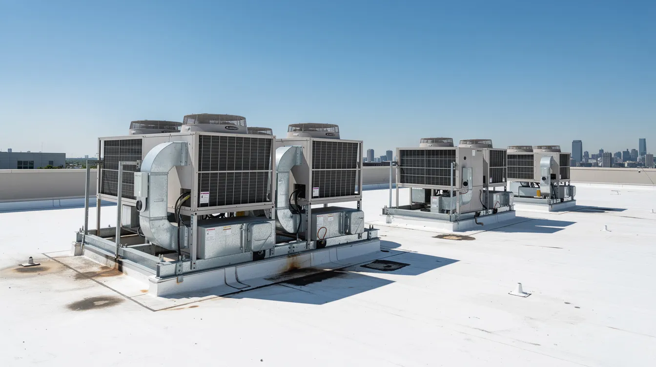 The image depicts a commercial building rooftop featuring multiple large HVAC units installed on a flat roof under a clear blue sky. These rooftop HVAC units are essential for maintaining proper heating and cooling for business operations, highlighting the importance of routine maintenance and repair services to ensure energy efficiency and extend equipment life.