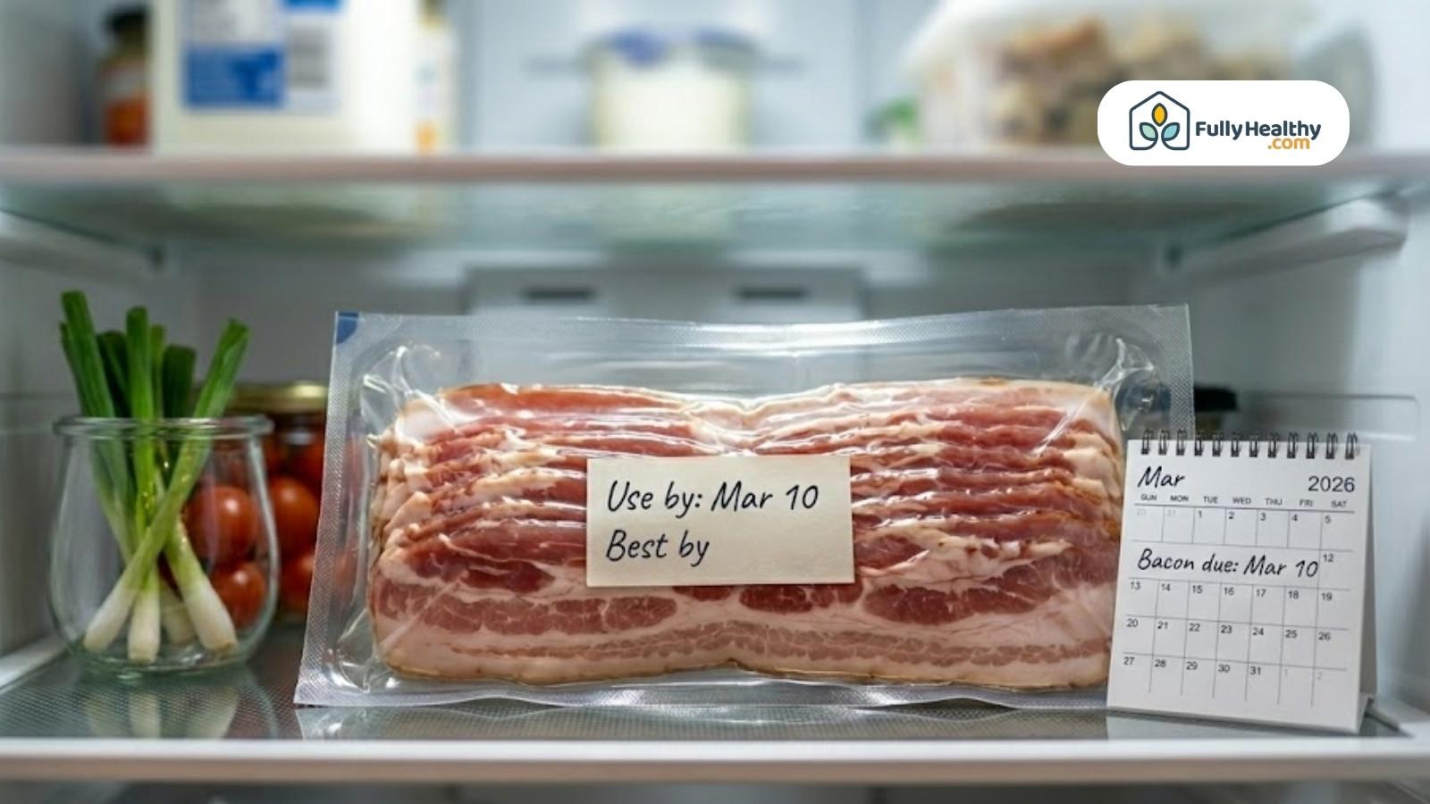 Packaged bacon labeled with use-by date inside refrigerator