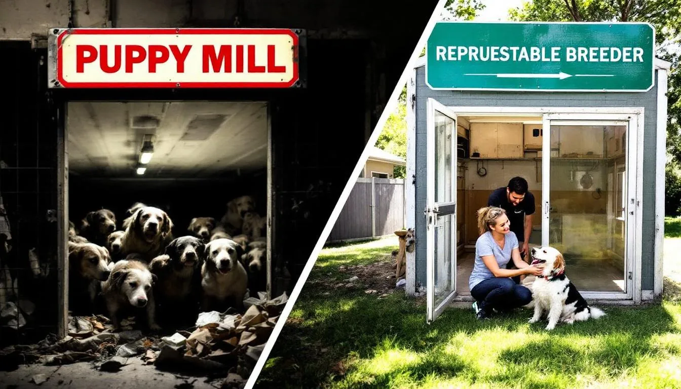 In this image, contrasting visuals depict the harsh conditions of puppy mills, such as cramped cages and neglected puppies, alongside the welcoming environment of a reputable goldendoodle breeder, showcasing clean facilities and happy, healthy goldendoodle puppies. The image emphasizes the importance of responsible breeding practices for the well-being of dogs.