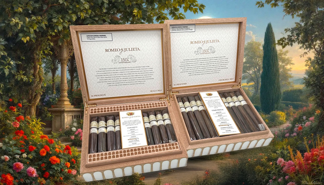An overview of the Romeo y Julieta 150th Anniversary cigars, with a blurred image of the product in the background.