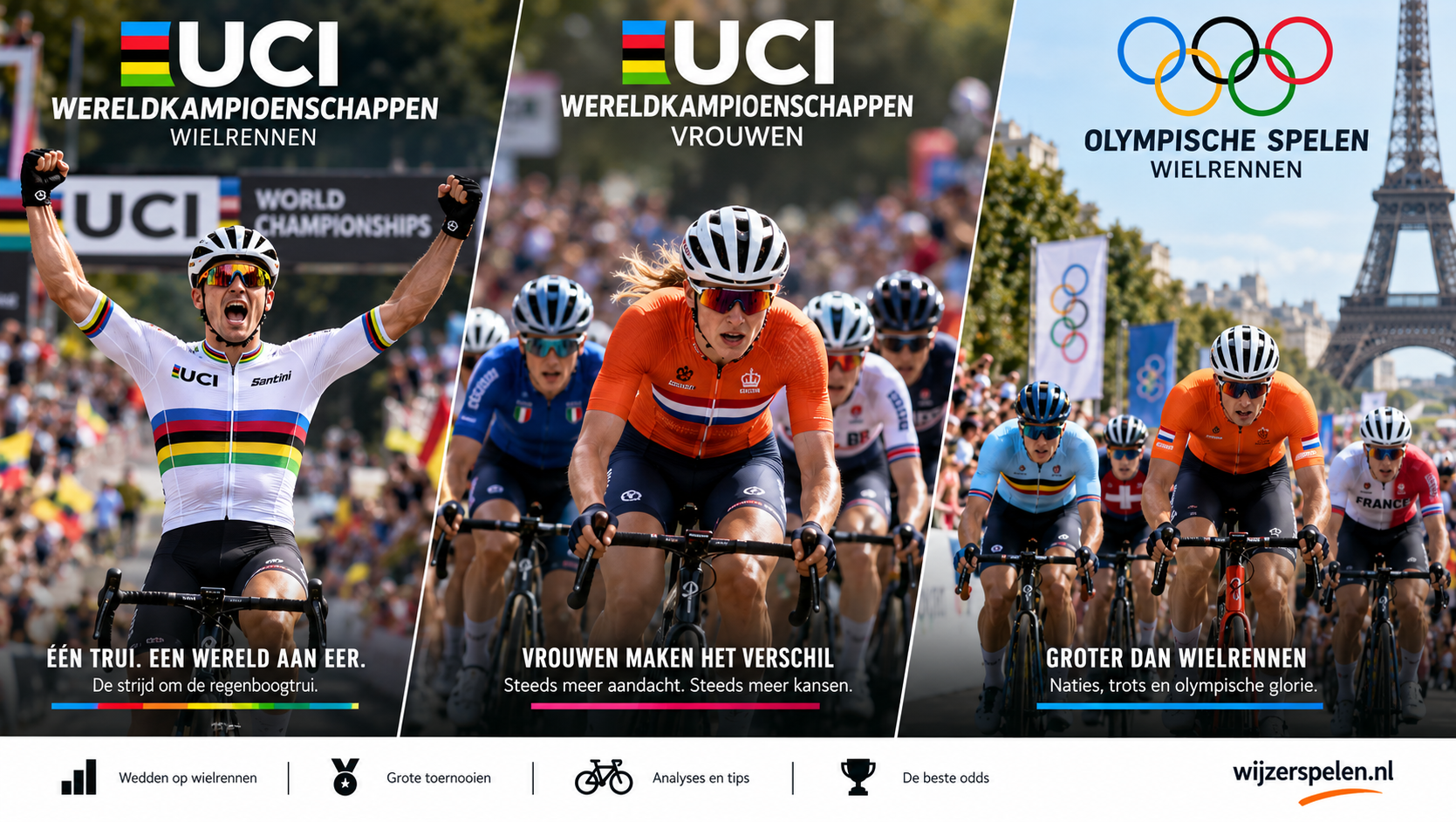 WK wielrennen voor mannen en vrouwen en olympisch wielrennen als populaire internationale wielerevenementen.