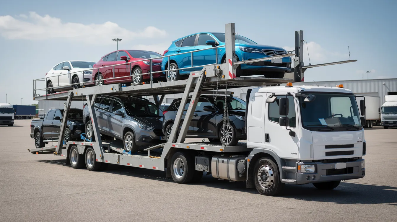 The image shows an open multi-level car carrier truck loaded with various vehicles, showcasing a range of cars ready for transport. This visual represents the auto transport services available in Oklahoma City, highlighting the efficient car shipping process for vehicle transportation needs.