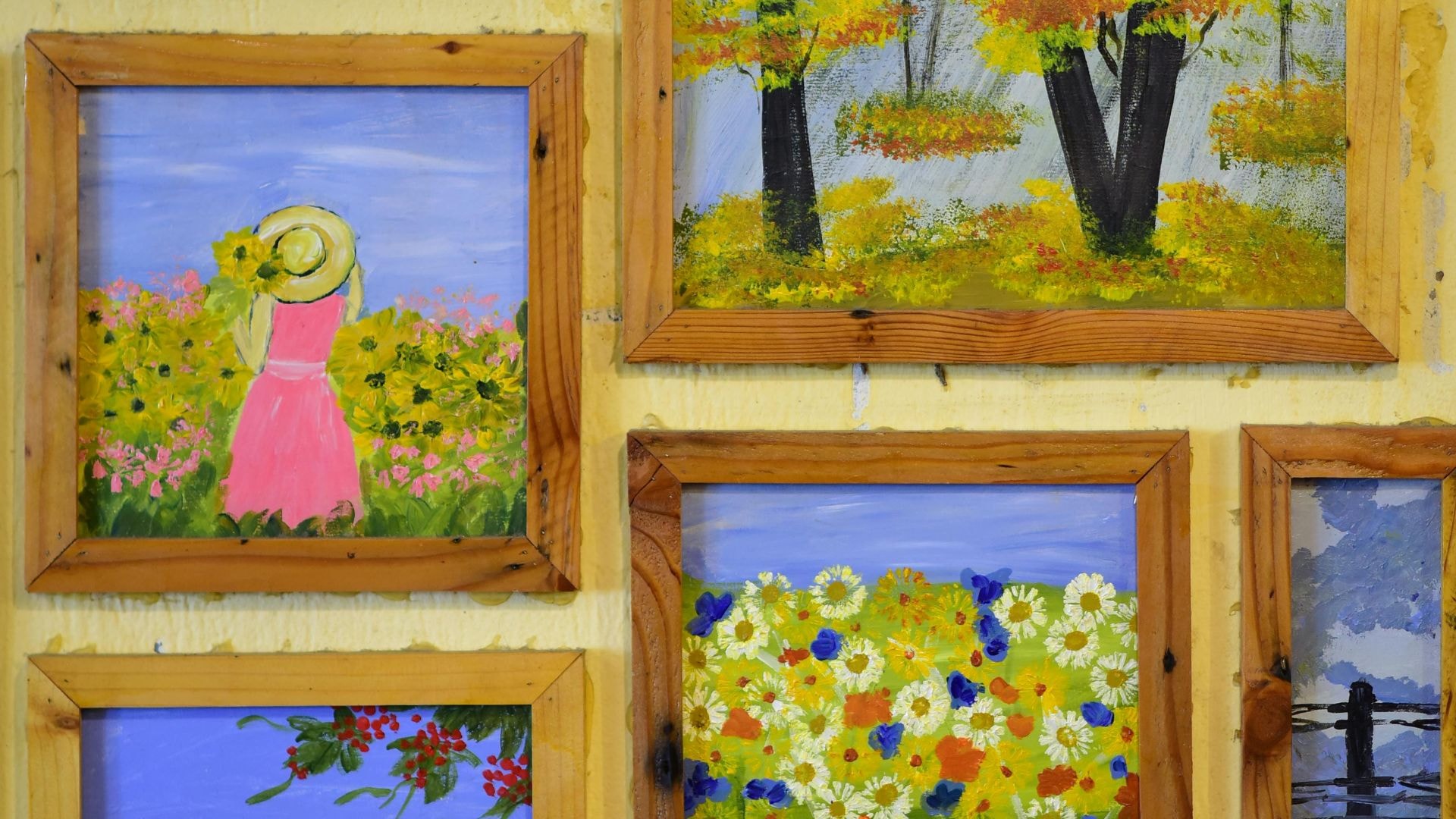 Picture frames made from off cuts and waste boards from a sawmill.