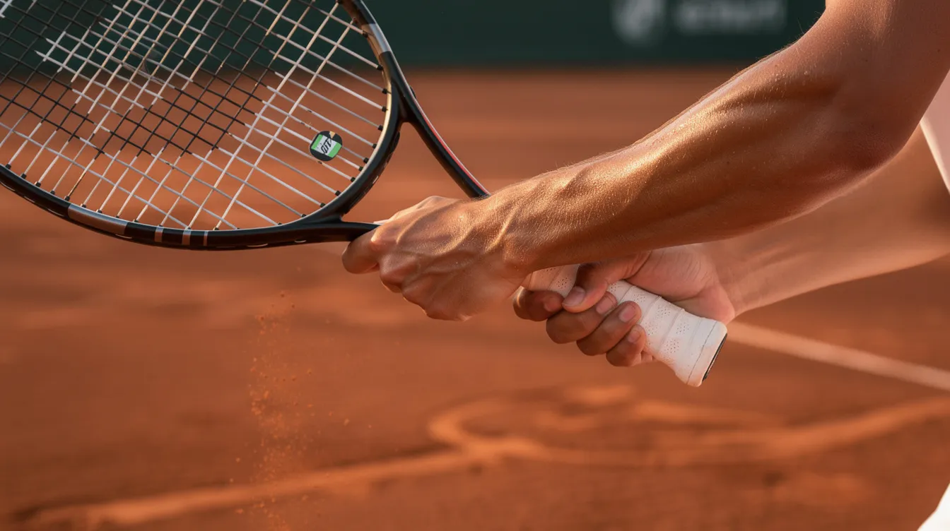 A close-up image captures a tennis player's hands gripping a racquet in a two-handed backhand position, showcasing the dominant and non-dominant hands working together for a powerful backhand stroke on a clay court. The player's grip and stance suggest a focus on generating power and stability during their backhand swing.