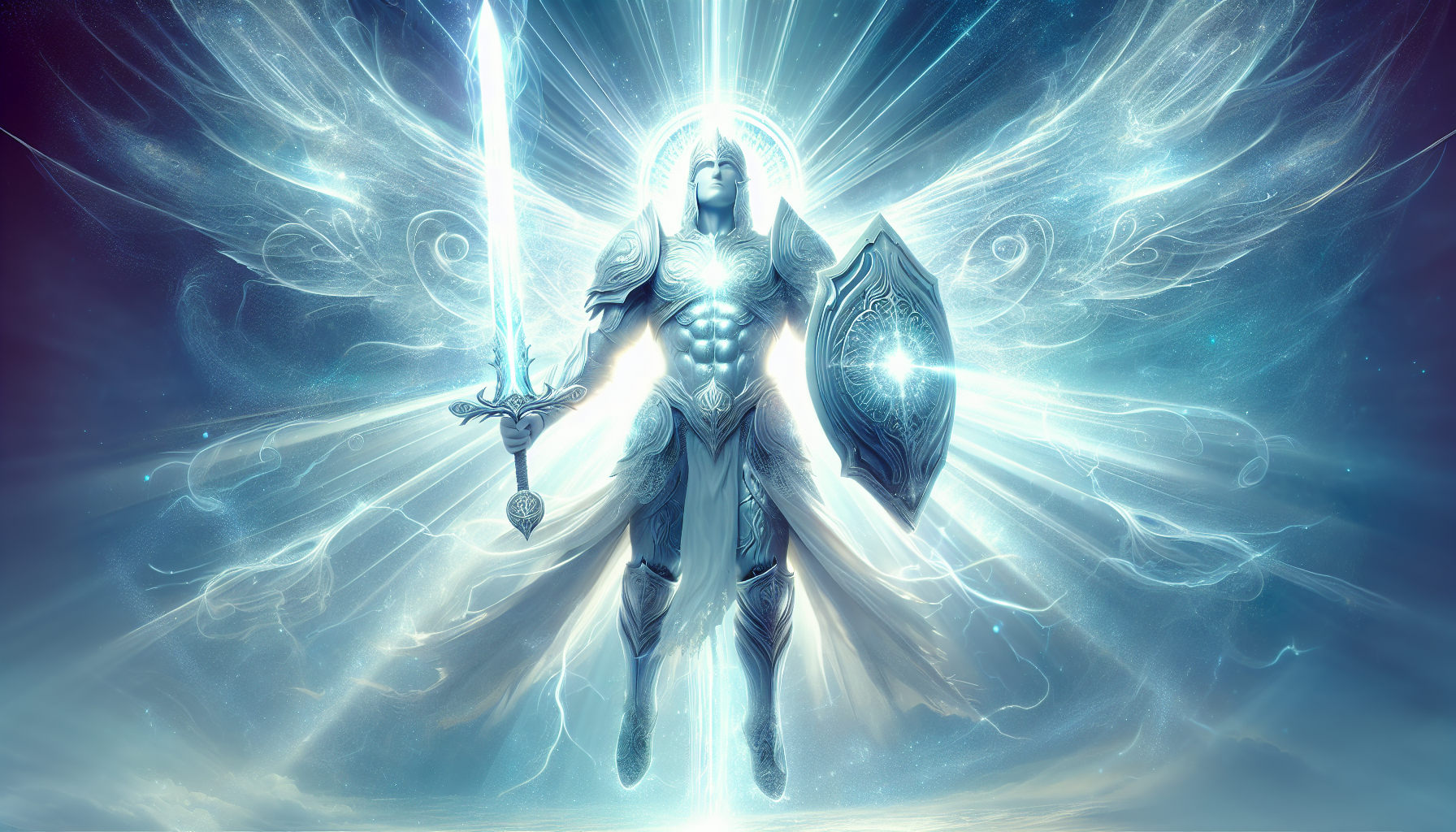 Warrior in spiritual armor wielding a sword and shield