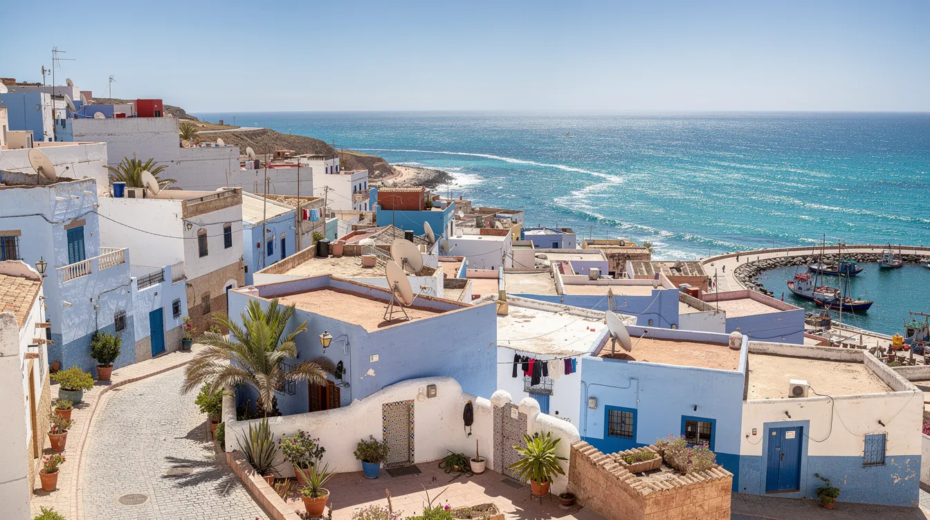 A panoramic view of a picturesque Moroccan coastal town showcases white and blue buildings that overlook the Atlantic Ocean, all under a clear blue summer sky typical of Morocco in August. This vibrant scene captures the essence of a coastal city, ideal for exploring its rich culture and enjoying water sports during the high season.