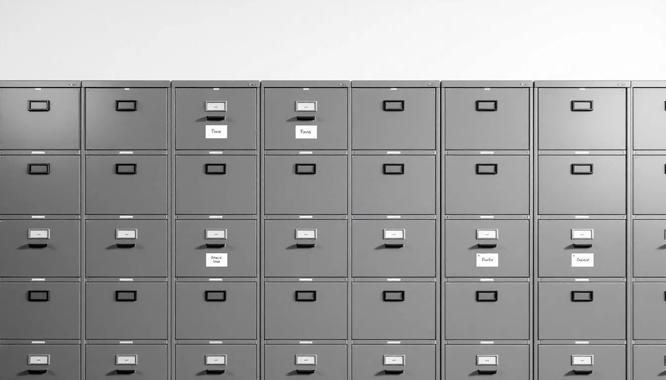 The image features a row of filing cabinets, organized and neatly lined up in an office setting. These cabinets are essential for property managers and rental property owners to store important documents related to tax benefits, such as bonus depreciation rules and property improvements for their residential rental properties.