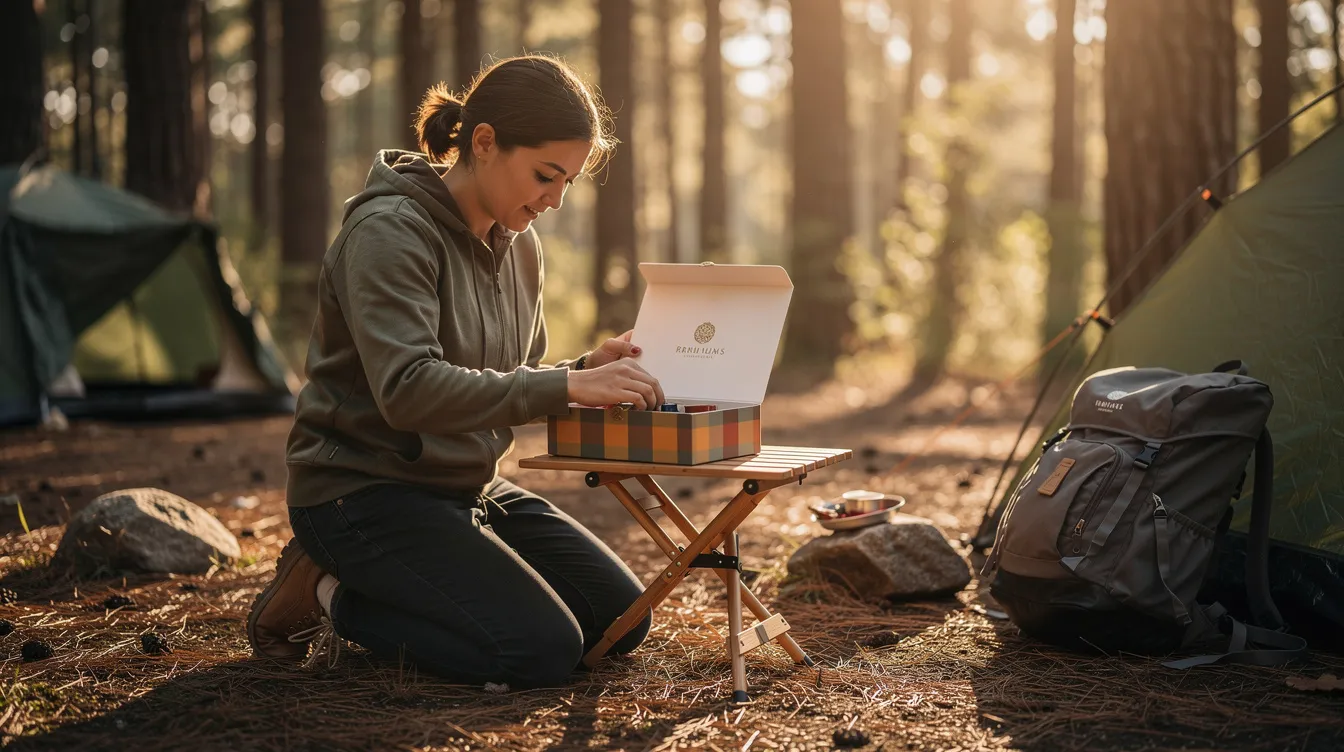 A person is opening a branded outdoor gift box at a campsite, surrounded by tall trees, showcasing custom packaging that reflects the brand identity. The scene captures the excitement of unboxing a unique gift, designed to grab customers' attention with its durable materials and vibrant colors.