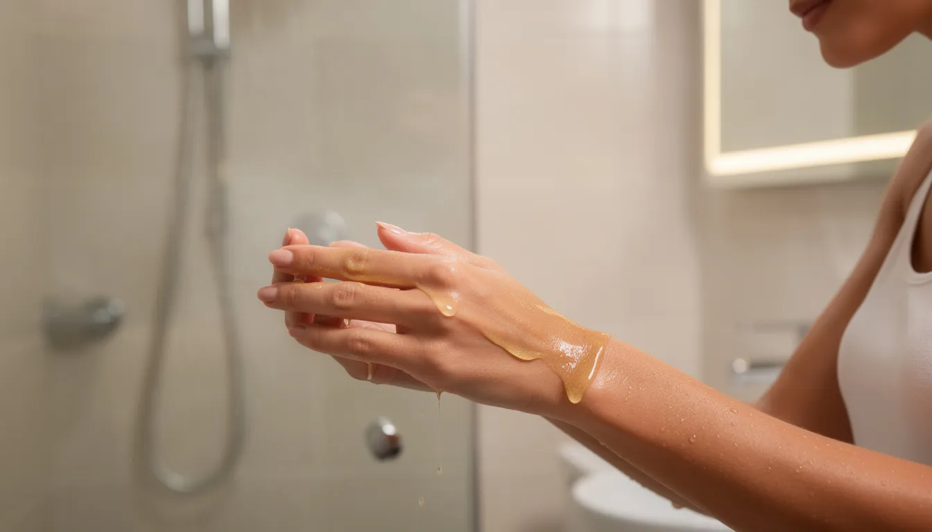 A woman is applying L'Occitane almond shower oil to her arm in a modern bathroom, showcasing the luxurious texture of the body oil as it transforms into a silky foam. The warm water enhances the subtle almond scent, leaving her skin feeling soft and nourished, perfect for her shower routine.