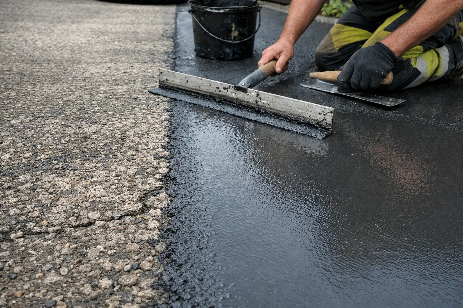 Close-up of driveway resurfacing showing new layer applied over existing concrete surface