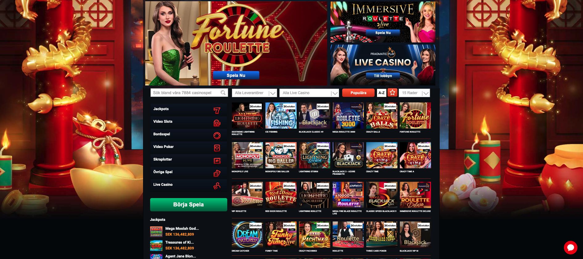 Mega Fortune live casino med stort utbud av blackjack och roulette