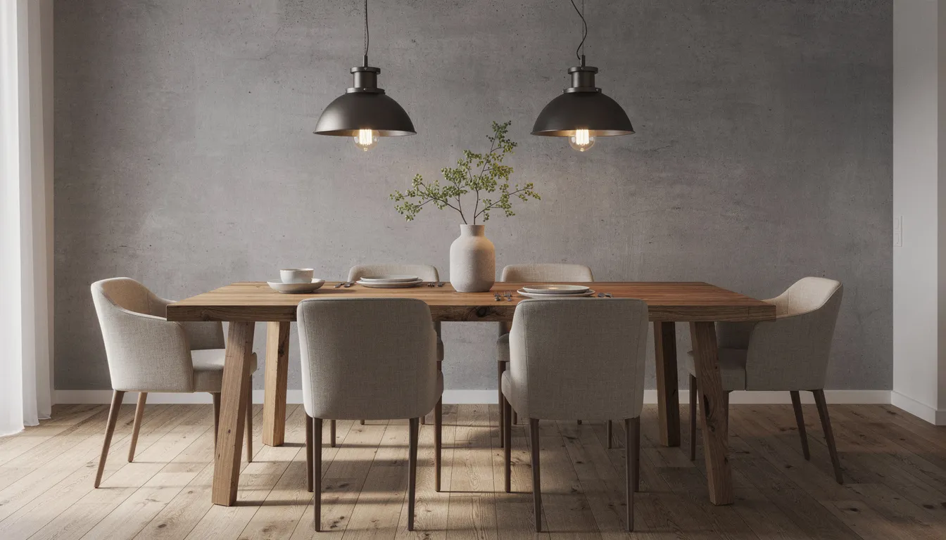 Een stijlvolle eetkamer met een betonlook wandpaneel, een massief houten tafel en industriële hanglampen die een gezellige uitstraling creëren. De combinatie van de robuuste muur en de moderne inrichting geeft de ruimte een luxe uitstraling.