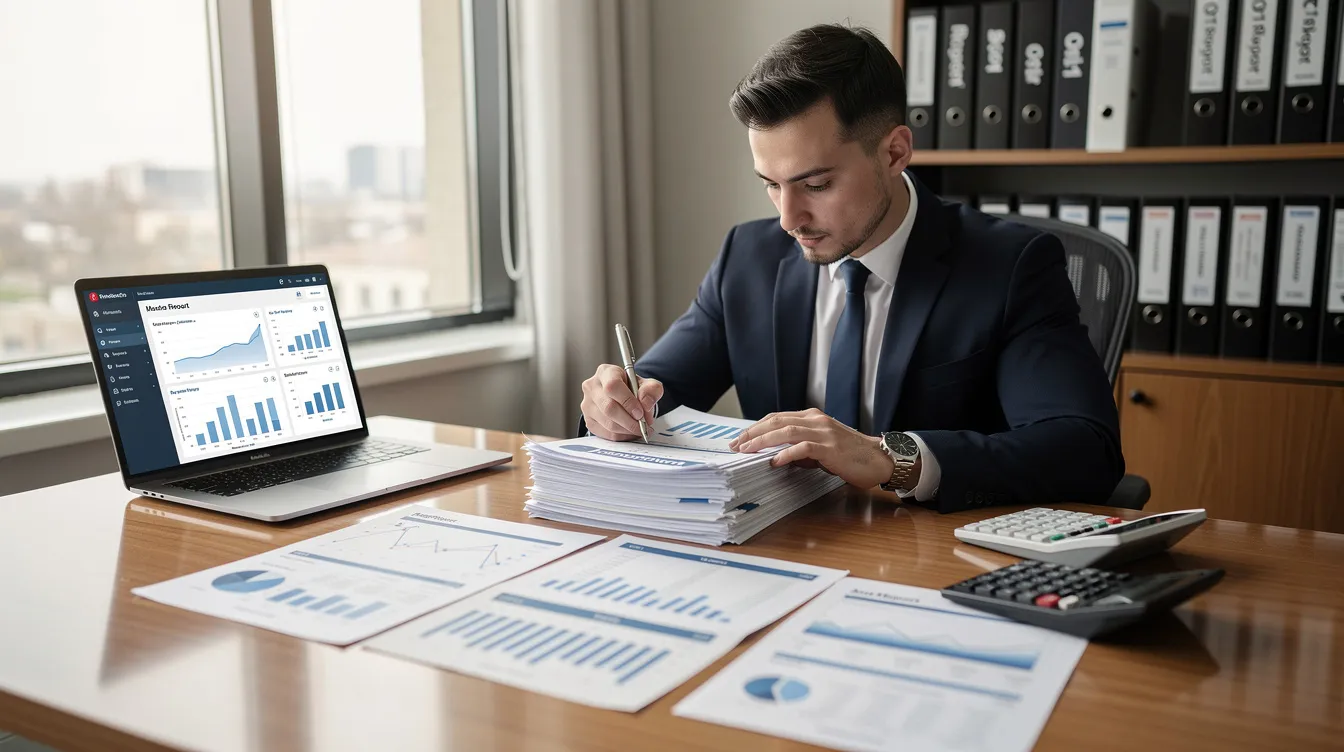 A professional is seated at a desk, meticulously reviewing financial documents and spreadsheets while using a calculator, highlighting the importance of financial evaluation in the operations of eye hospitals. This careful assessment is crucial for ensuring the affordability and quality of services, such as cataract surgeries and vision correction treatments.