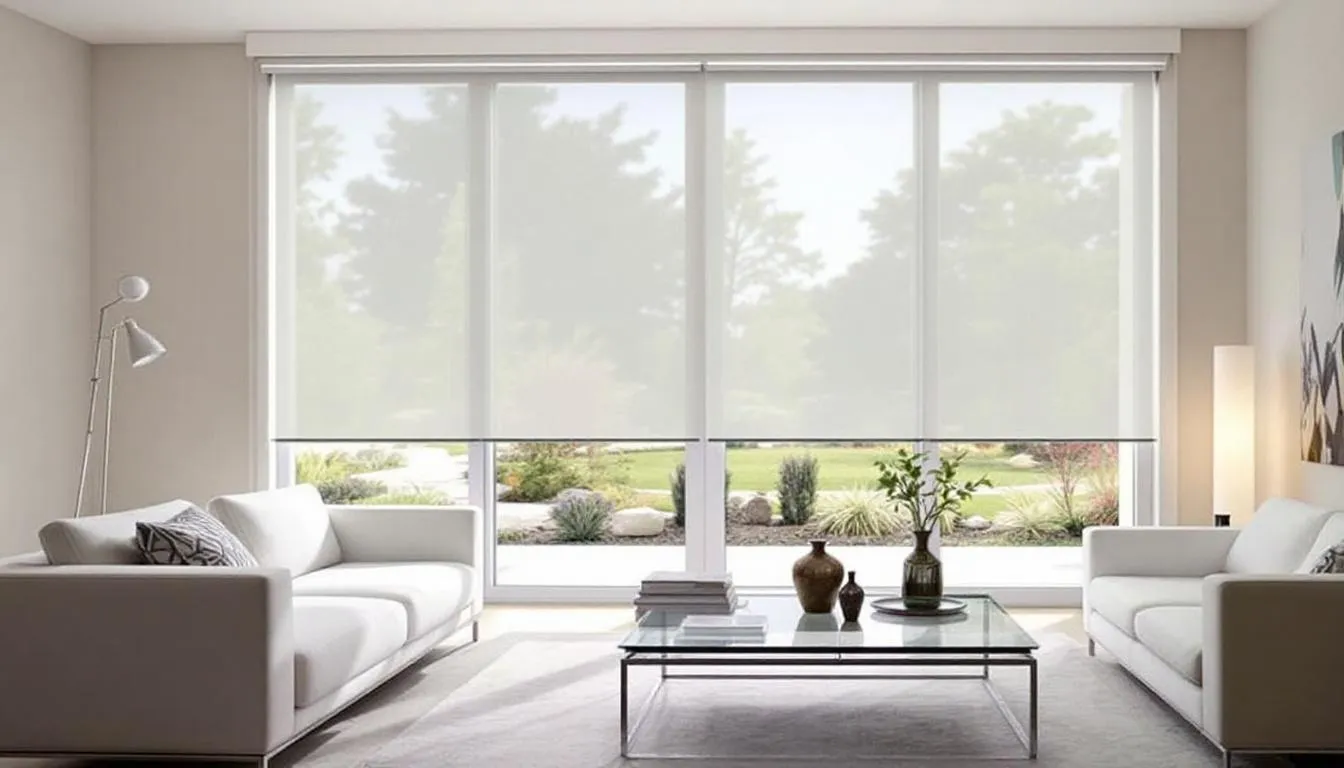 In a modern living room, solar shades elegantly filter natural light while allowing outdoor views, providing effective UV protection and glare reduction. The window treatments enhance energy efficiency and contribute to a comfortable indoor environment, balancing light control with aesthetic appeal.