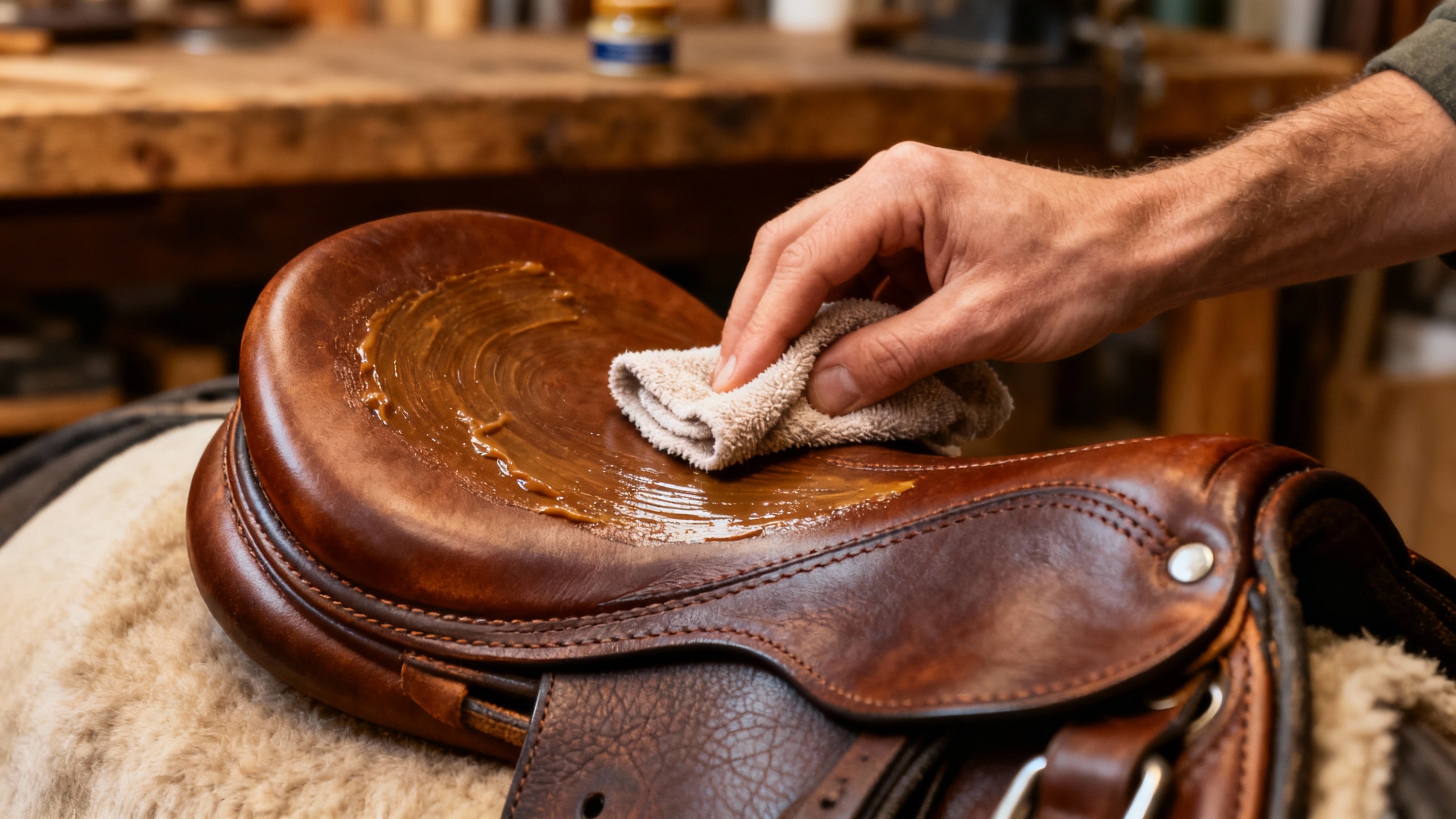 Lädervårt av lädersadel - En hand smörjer in en sadel i läderfett