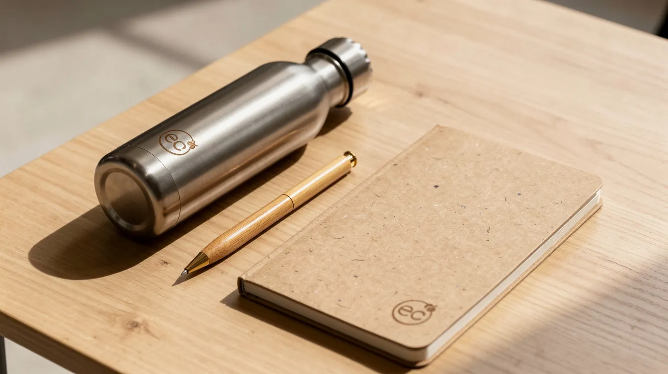 Na drewnianym biurku znajdują się ekologiczne gadżety firmowe, takie jak stalowa butelka, bambusowy długopis i notes z papieru z recyklingu, które podkreślają zaangażowanie w zrównoważony rozwój i społeczną odpowiedzialność. Te eko gadżety reklamowe są doskonałym przykładem wykorzystania naturalnych materiałów w biznesie.