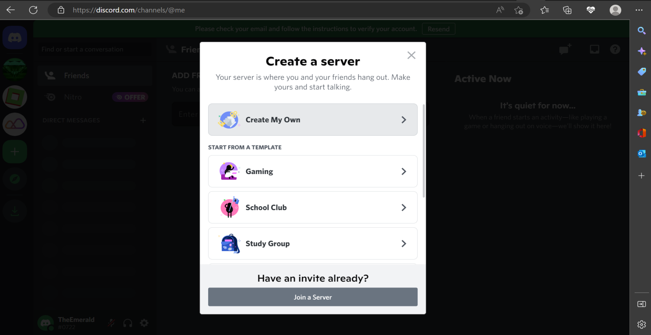 A pop window showing options for creating a custom Discord server