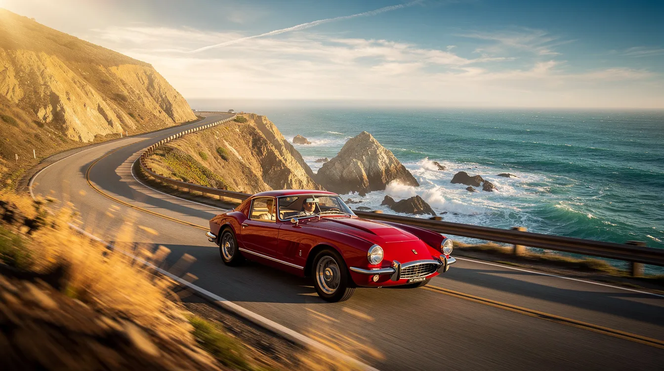 A classic sports car is driving along a winding Pacific Coast highway, with stunning ocean views on one side and lush greenery on the other, creating an ideal setting for a memorable road trip. This picturesque journey invites travelers to explore favorite places and discover the best stops along the route.