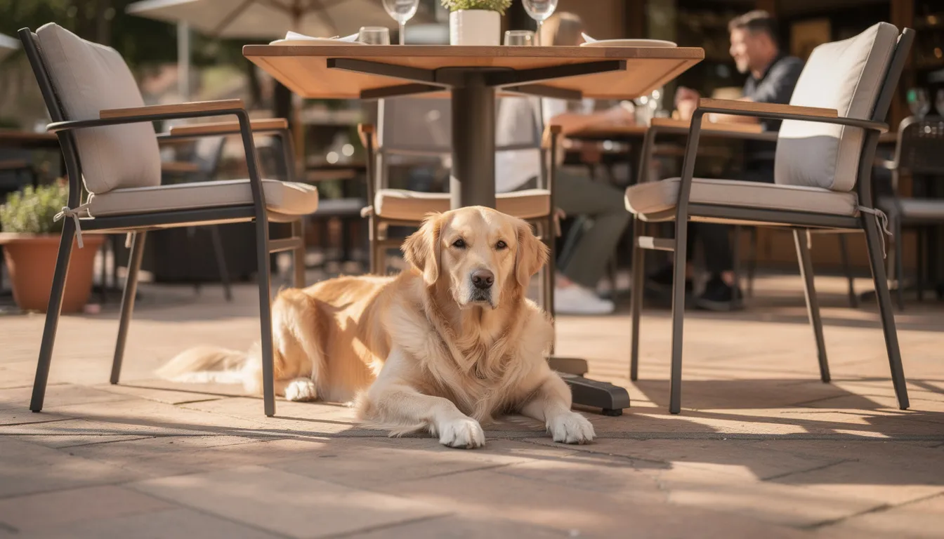 A calm golden retriever lies comfortably under an outdoor patio table at a dog friendly restaurant, surrounded by stylish patio furniture, creating a welcoming atmosphere for dog owners and their guests to enjoy great food and drinks. The scene captures a relaxed dining experience where diners can share meals and connect with their furry companions.