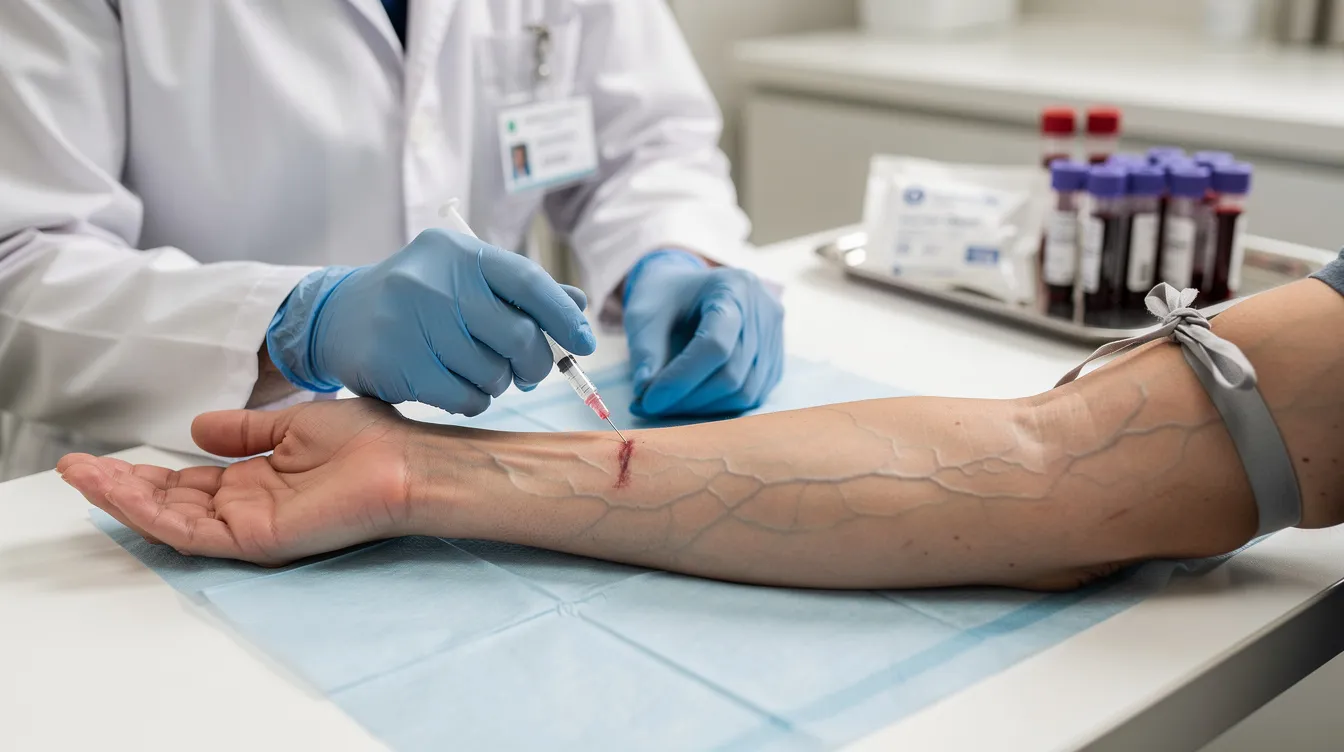 A medical professional is preparing to draw blood from a patient&rsquo;s arm, ensuring a safe and sterile environment for the procedure. This blood work is a crucial step in assessing the patient&rsquo;s overall health and developing a personalized treatment plan for their longevity health journey.