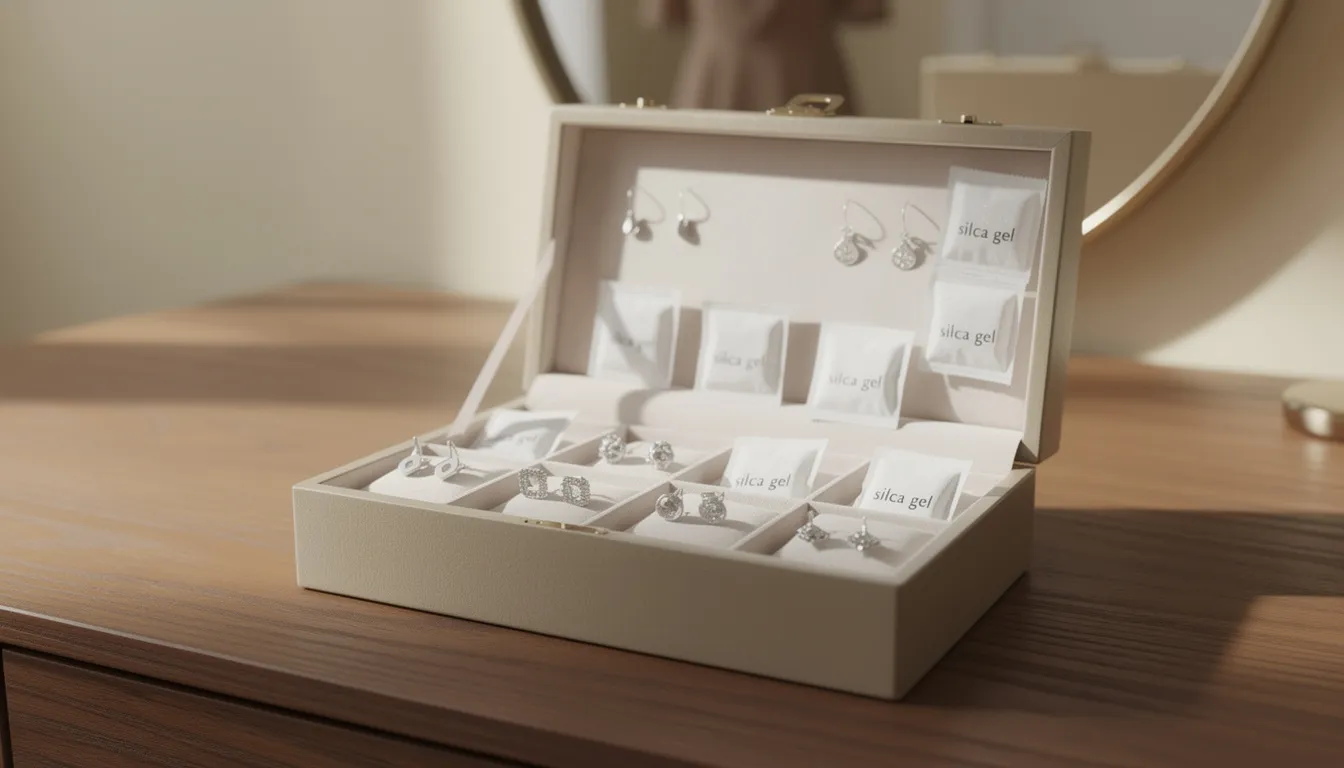 A neatly organized jewellery box holds a collection of silver earrings, including sterling silver hoops and stud earrings, lined with silica gel pouches to prevent tarnishing. This careful storage method keeps the earrings looking fresh and ready to complement any outfit.