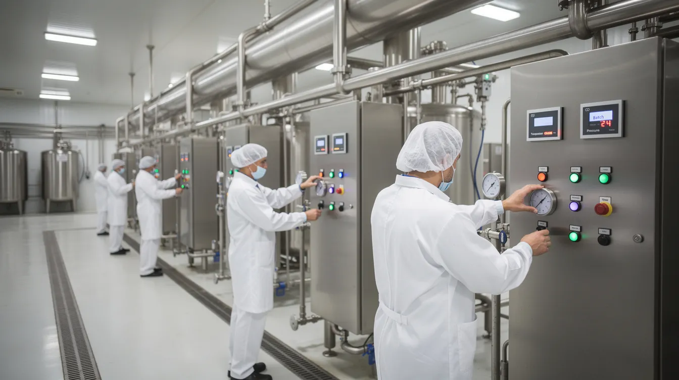b555a09e fcc5 406d 9645 dbb3c27041bd The image depicts workers in white protective clothing operating advanced equipment within a modern dairy processing plant, showcasing the efficient layout and plant operations essential for milk processing and dairy product manufacturing. The environment emphasizes food safety and regulatory compliance, highlighting the critical role of utility systems and process engineering in dairy technology.