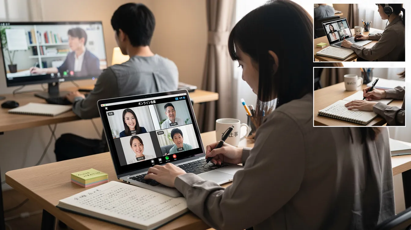 オンラインでビデオ通話をしながらノートを取っている人々が映っています。彼らは自閉症スペクトラムや発達障害に関する集団カウンセリングプログラムに参加しており、コミュニケーションや対処法について話し合っています。