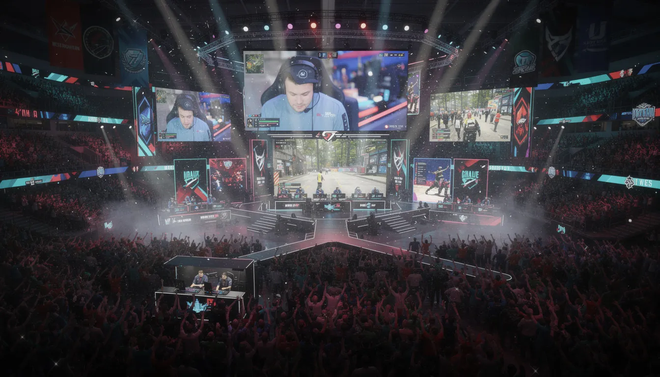Bilden visar en stor esportturneringsarena fylld med entusiastiska åskådare som hejar på sina favoritspelare. Stora skärmar visar intensivt spelande och skapar en elektrisk atmosfär, perfekt för liveevenemang och spännande bettingupplevelser.