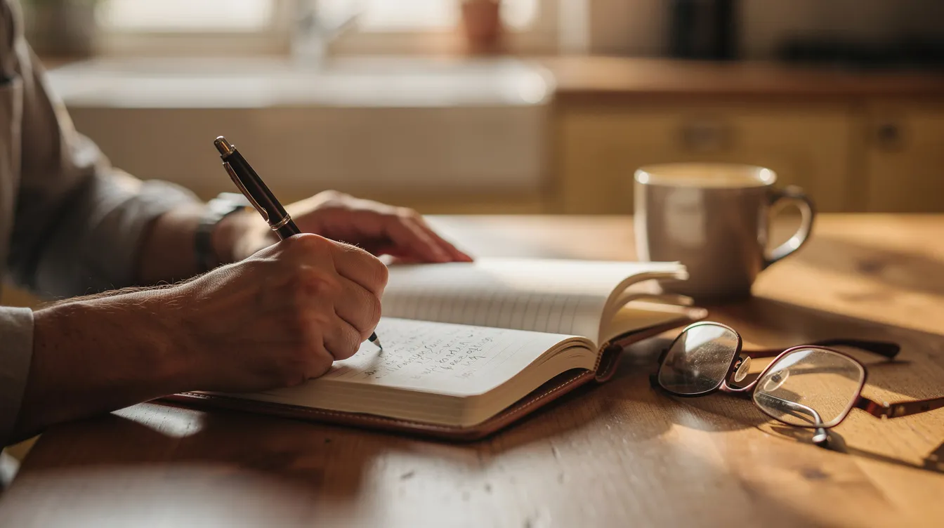 A person is seated at a kitchen table, writing notes in a journal, with reading glasses placed nearby. This scene evokes a sense of reflection and organization, possibly related to managing medical treatment or documenting a workers compensation claim for an eye injury.