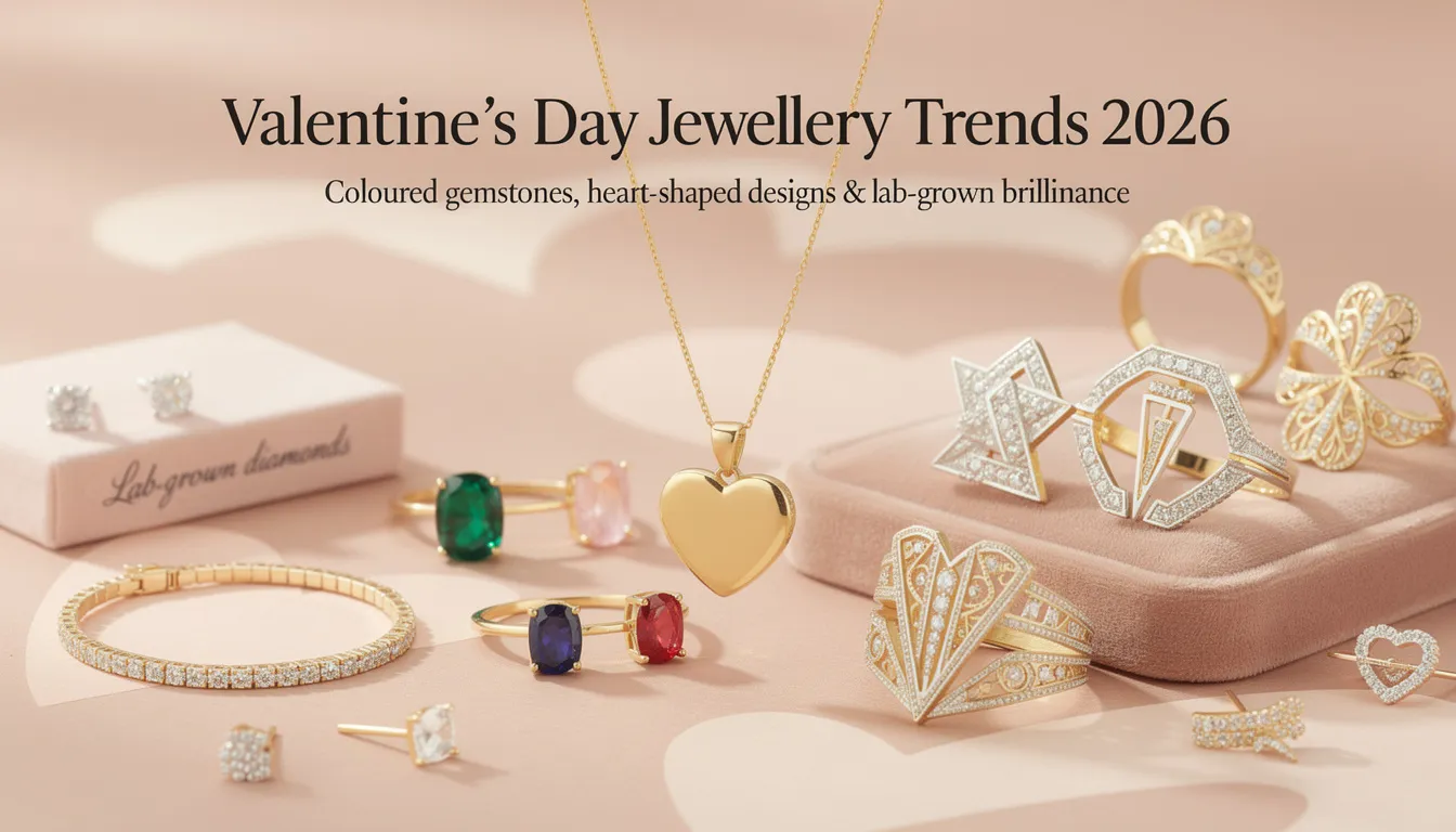 The image showcases a stunning collection of Valentine's Day jewellery, featuring heart-shaped necklaces, vibrant coloured gemstone rings, and classic solitaires crafted from yellow gold. This elegant assortment reflects the latest trends in 2026, perfect for gifting to loved ones on this special occasion.