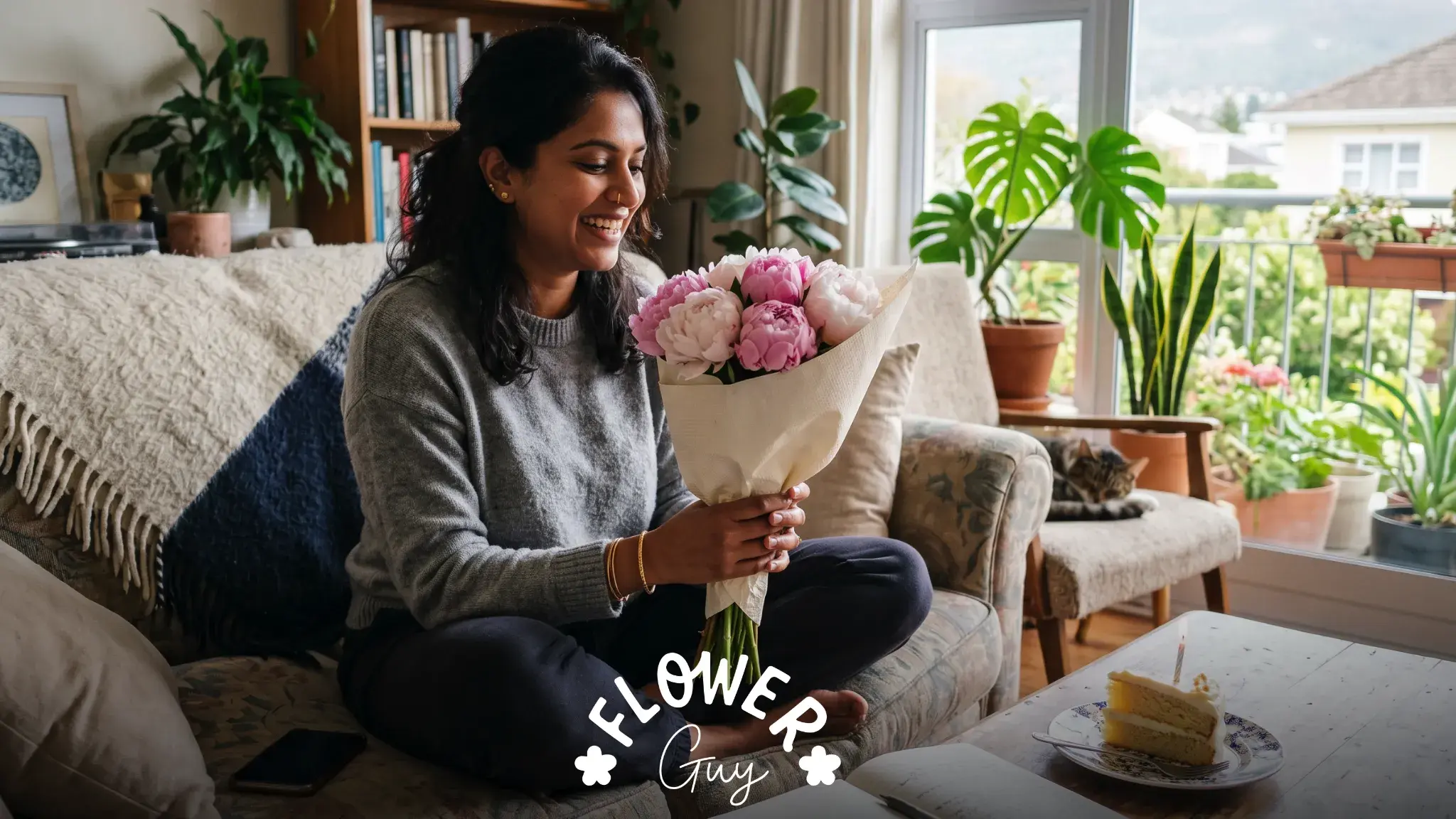 Indian South African woman on couch with pink peony bouquet celebrating her own birthday with self-love messages