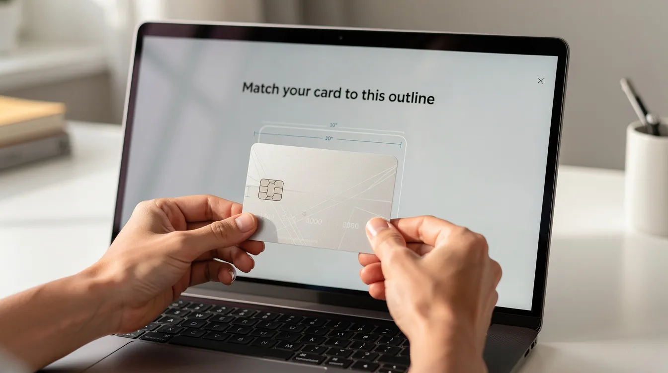 A pair of hands is holding a standard bank card flat against a laptop screen, where an on-screen outline of the card is visible for precise size matching. This setup serves as a quick calibration tool for measuring small objects, helping users compare the card's dimensions to the screen's display.