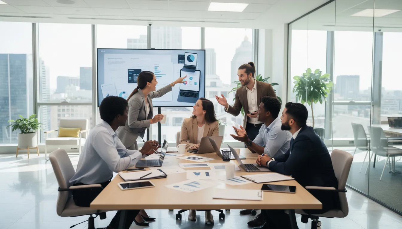 A diverse business team is collaborating in a modern office environment, discussing strategies and solutions for various legal issues related to small business administration and compliance. The scene reflects a blend of cutting-edge technologies and teamwork, emphasizing the importance of legal counsel in navigating regulatory requirements and protecting intellectual property.