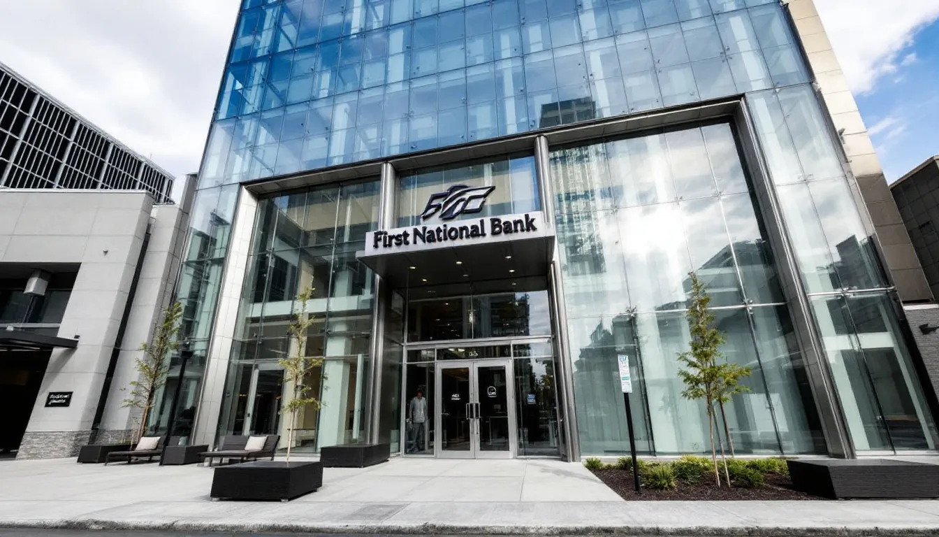 The image depicts the exterior of a modern bank building, showcasing large glass windows and a prominent entrance. This structure represents a place where individuals and businesses manage their financial assets, including bank accounts and business bank accounts, amidst concerns such as tax liabilities and potential IRS levies.