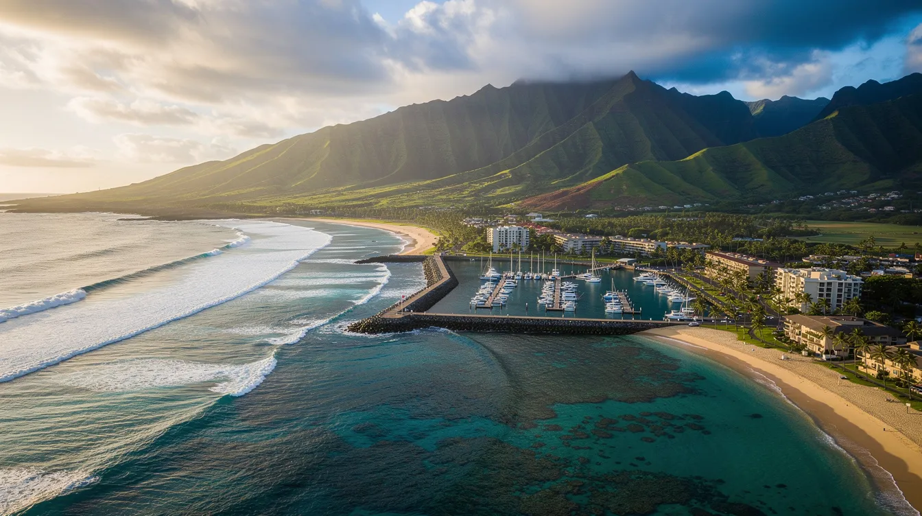 An aerial view of the stunning Hawaiian coastline showcases a vibrant harbor surrounded by lush mountains in the background. This picturesque scene highlights the beauty of Hawaii, a popular destination for car shipping and auto transport services, making it an ideal location for vehicle shipments and delivery.
