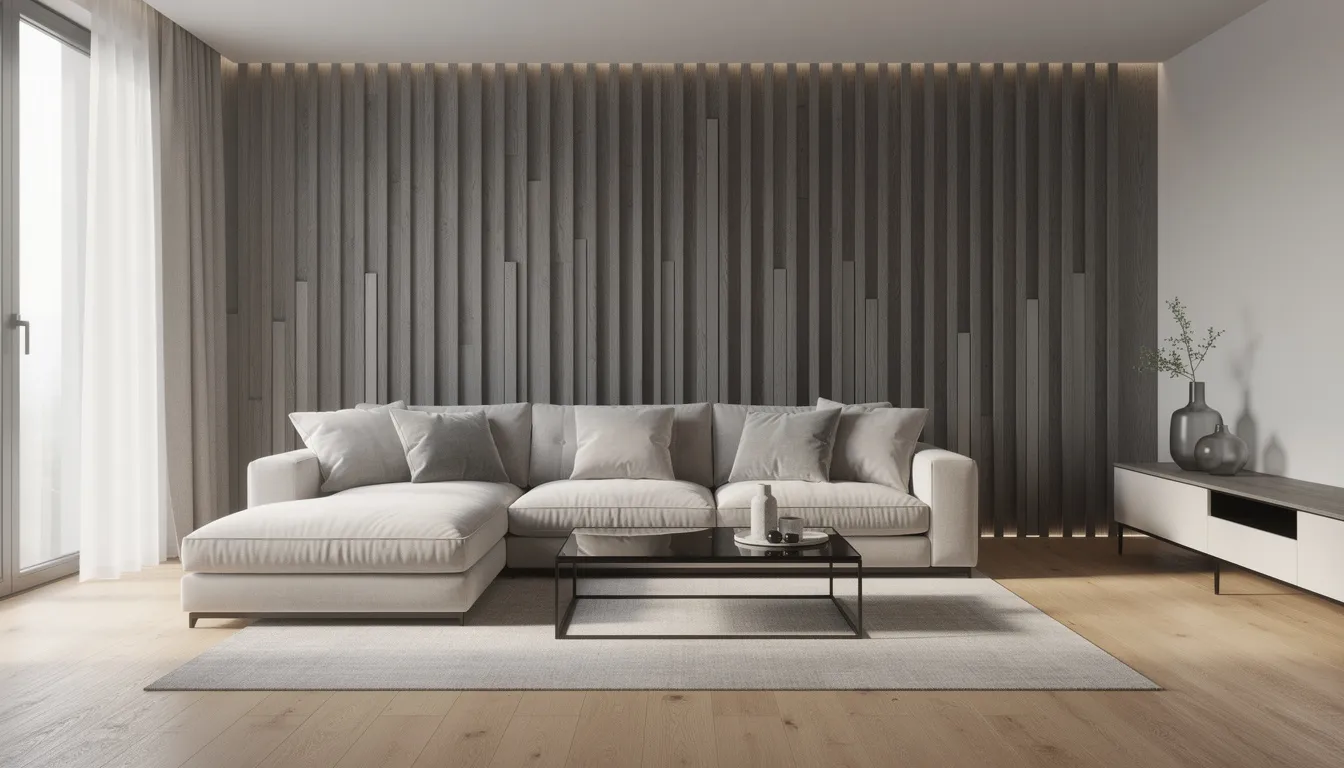 Een moderne woonkamer met een stijlvolle uitstraling, waarin een grijze lattenwand van gerookt eiken achter een luxe modulaire bank is geplaatst. De ruimte is ontworpen met aandacht voor akoestiek en biedt een unieke look door het gebruik van hoogwaardige wandpanelen.