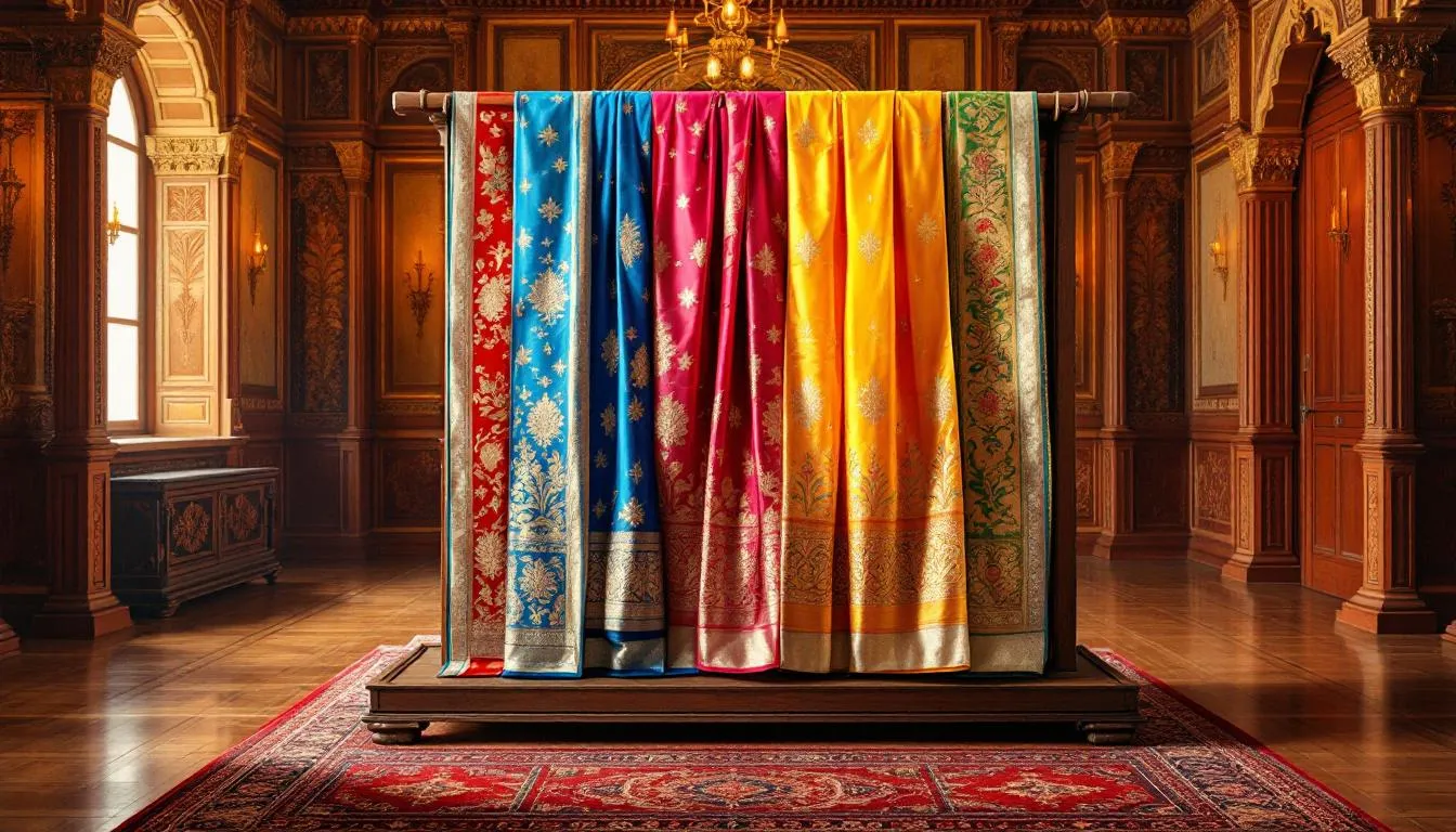 Elegant silk sarees displayed in a traditional setting.