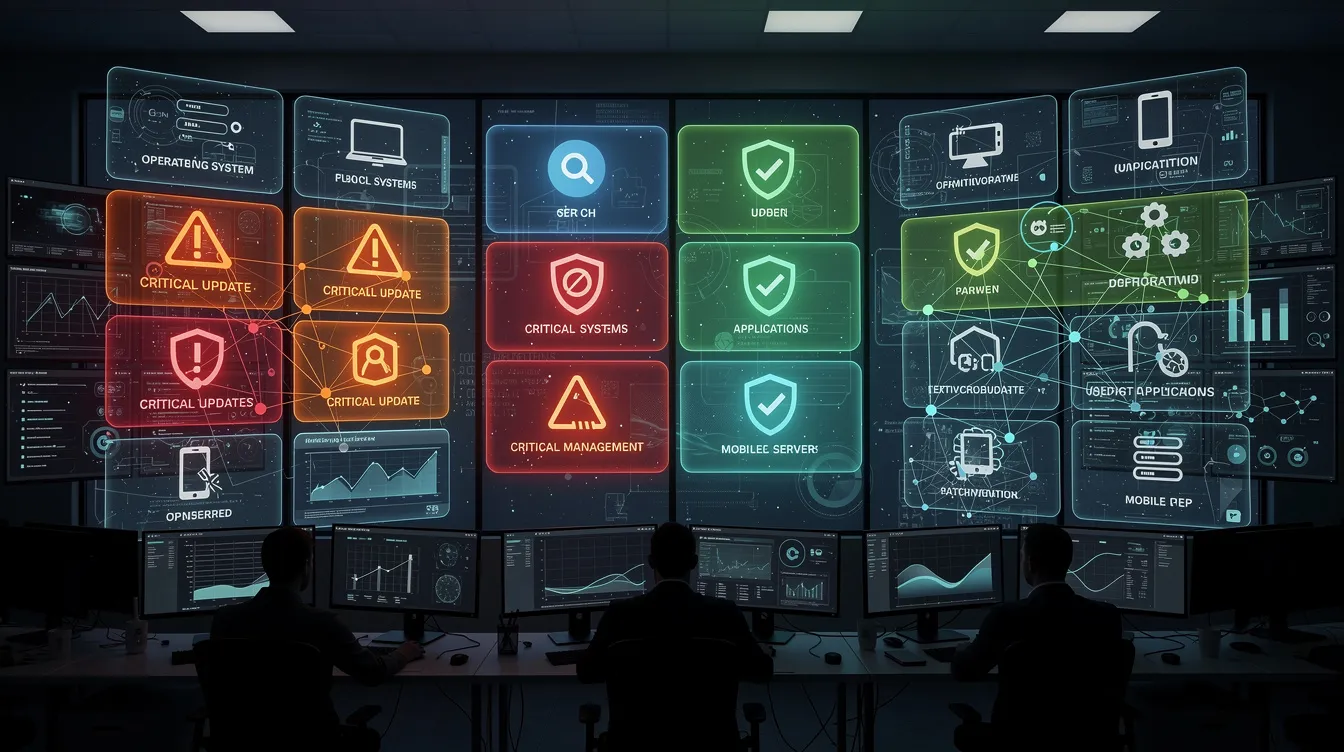The image depicts a dark operations center with a horizontal layout of an enterprise patch management dashboard, showcasing various systems and devices, some marked with critical updates pending due to unpatched software vulnerabilities, while others display a secure status. The glowing blue interfaces emphasize the importance of continuous monitoring to protect sensitive data and mitigate security risks in complex IT environments.