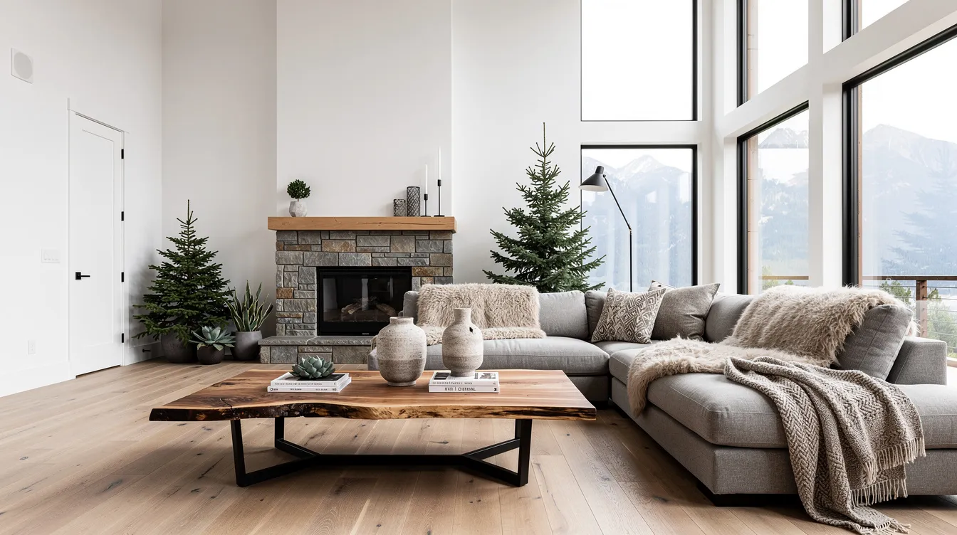 The image depicts a bright living room featuring mountain-modern furniture, with natural light flooding in through large windows, creating an inviting space ideal for potential buyers. This staged area exemplifies effective home staging techniques that enhance the appeal of a vacant home, making it more attractive to prospective buyers.