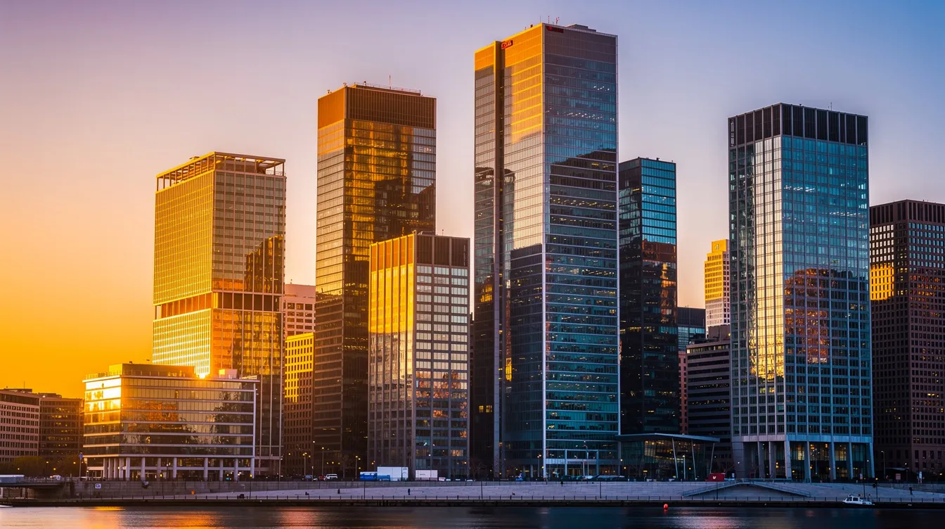 The image captures a modern financial district skyline at sunset, showcasing sleek glass skyscrapers that reflect a warm golden light. This vibrant scene symbolizes the dynamic nature of the banking industry, home to some of the world's largest banks and their pivotal role in global financial services.