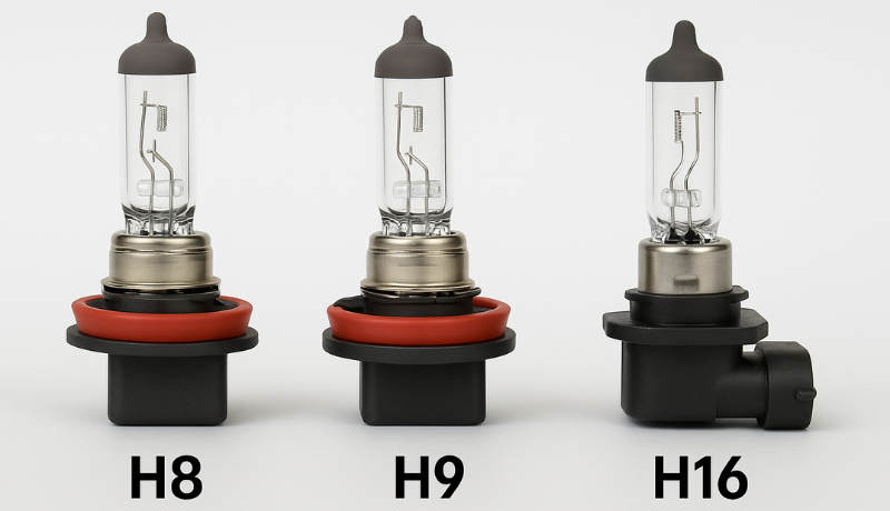 Picture showing different bulb sizes H8, H9, H16 bulb technology for detailed comparison